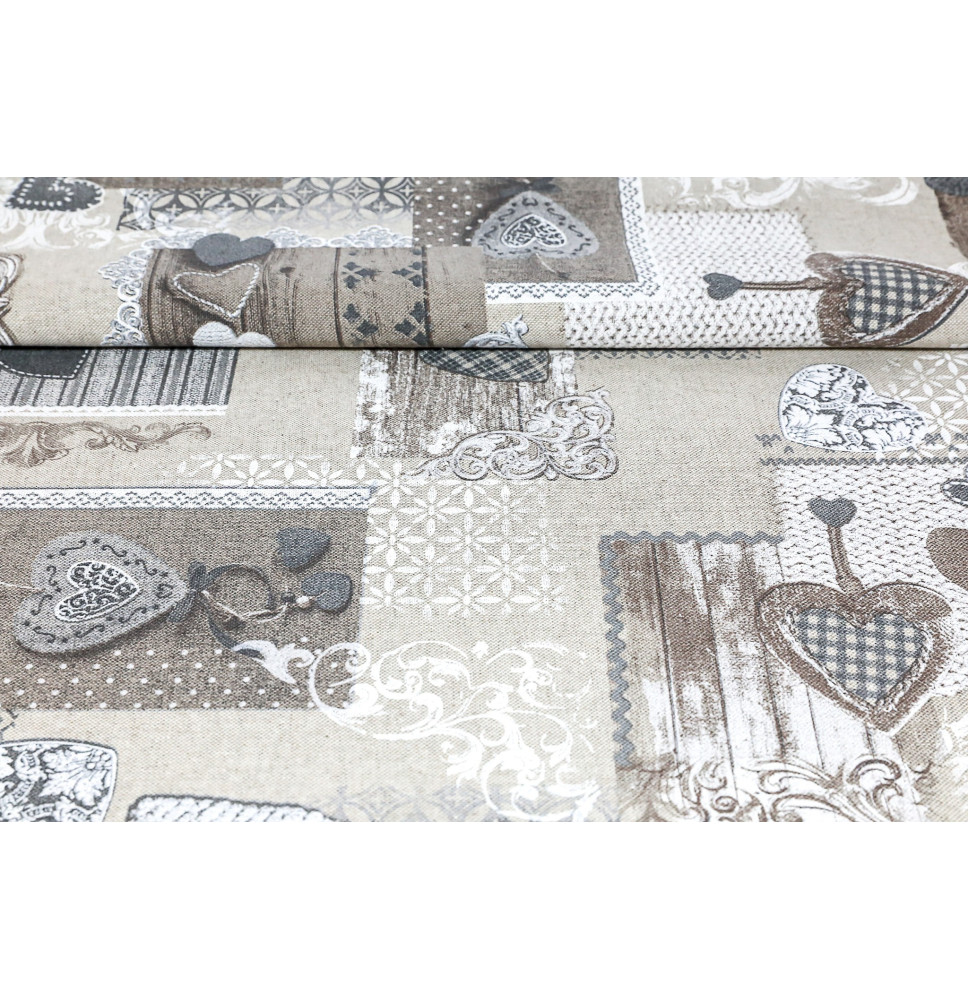 Fabric patchwork with taupe hearts
