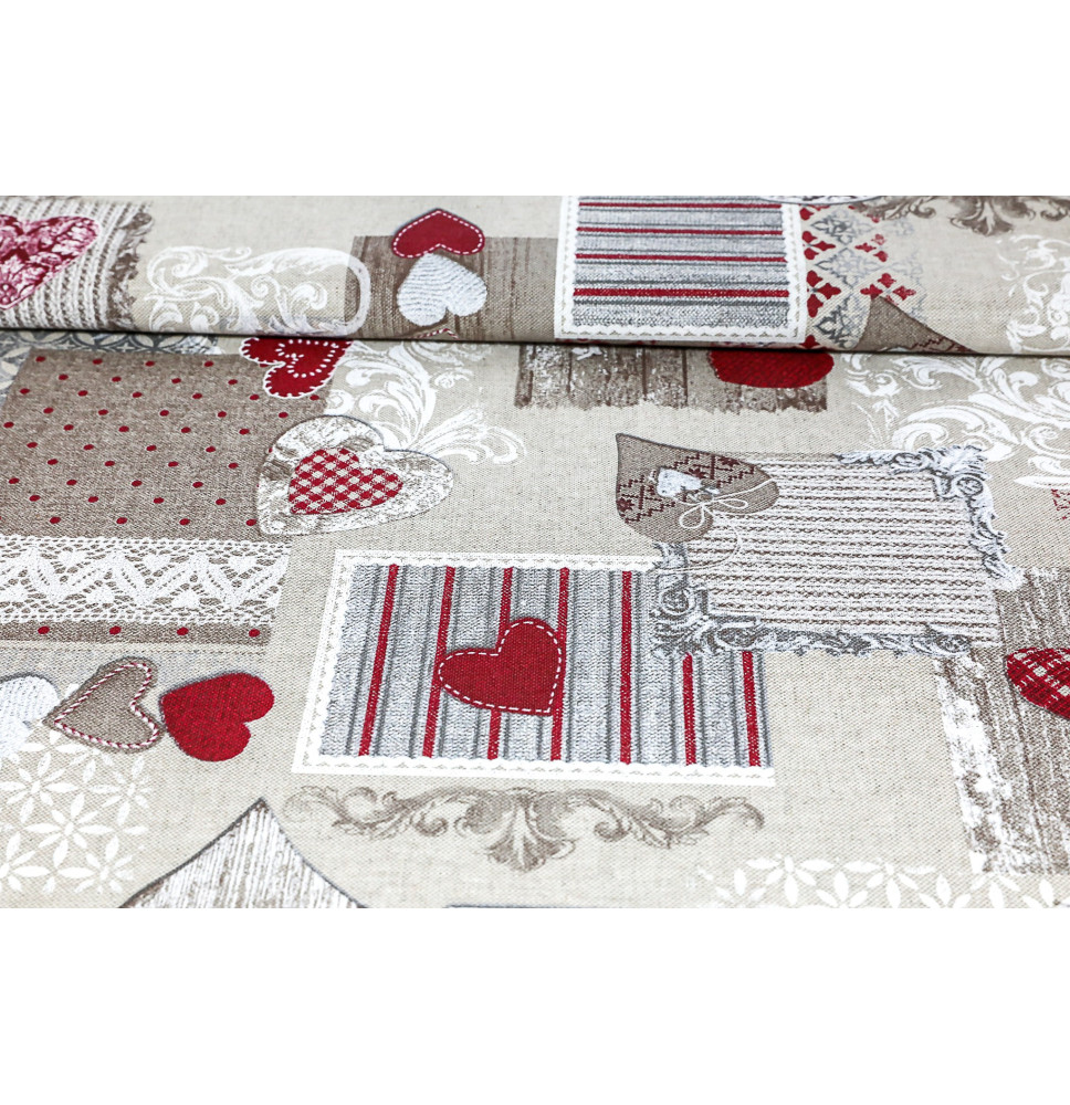 Fabric patchwork with red hearts