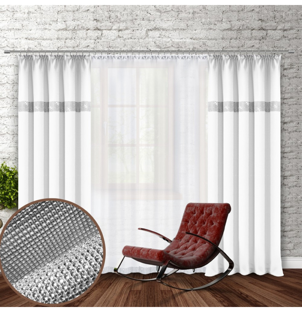 Curtain with plater tape and with zircons 140x250 cm white