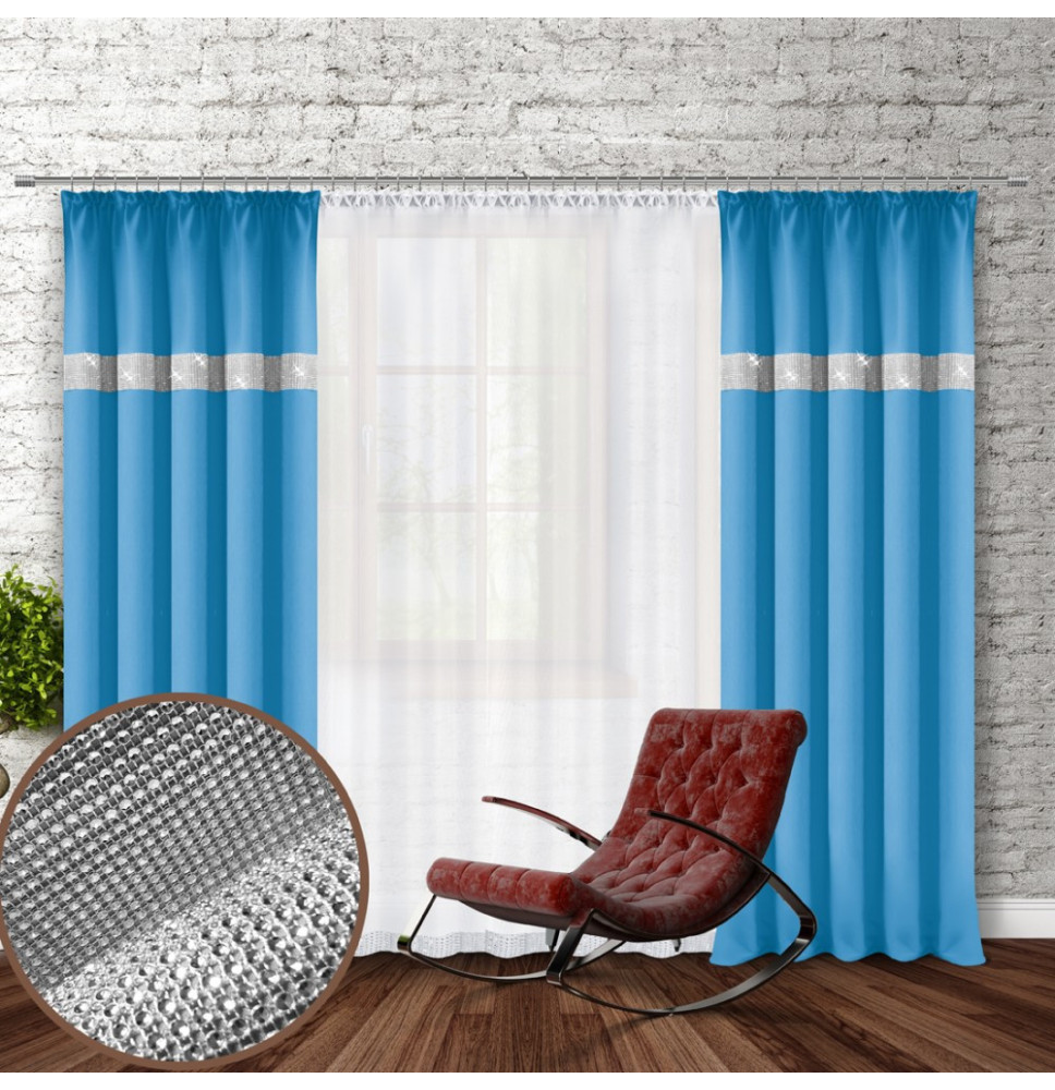 Curtain with plater tape and with zircons 140x250 cm ceruleo