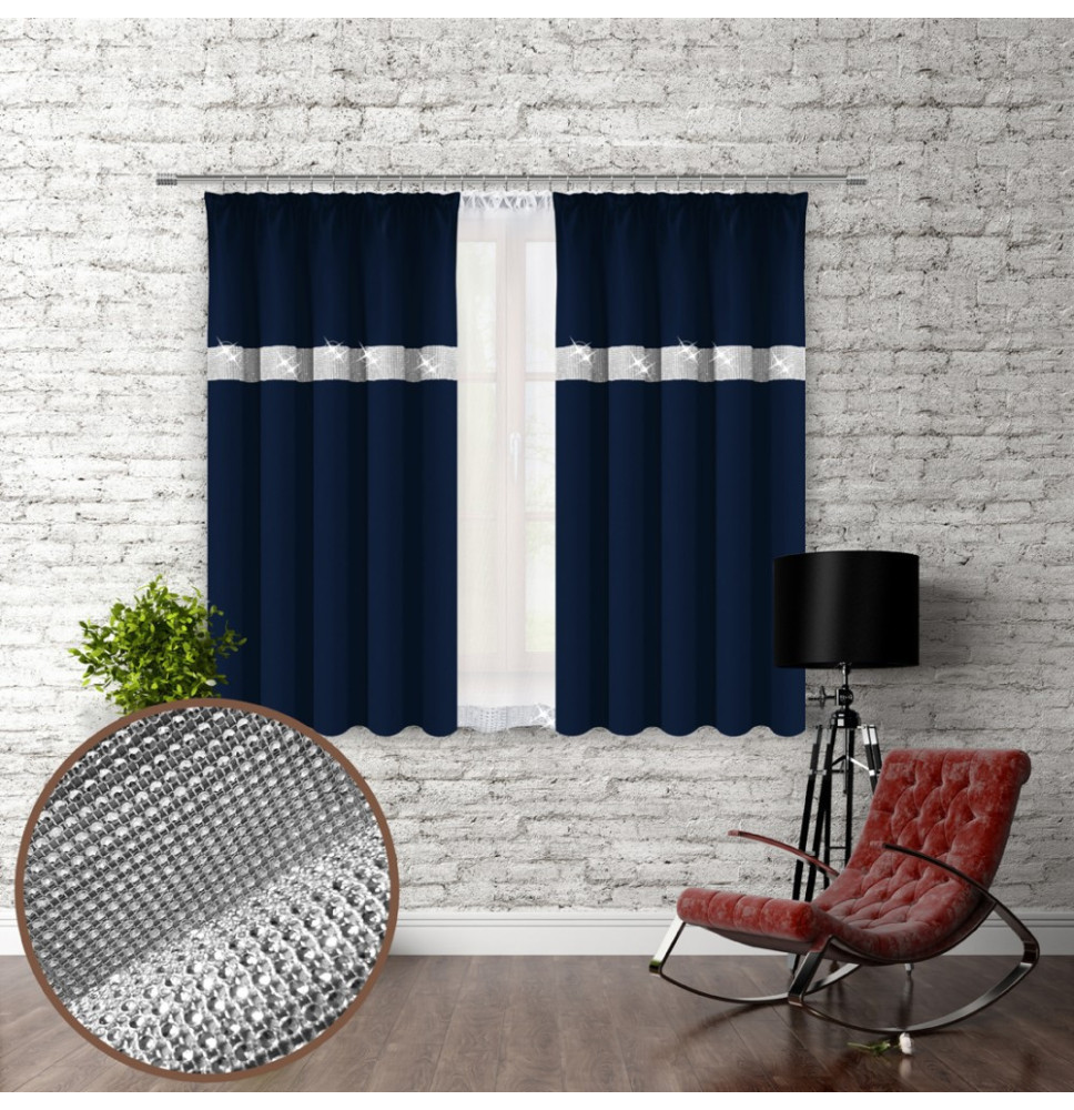 Curtain with plater tape and with zircons 140x160 cm dark blue