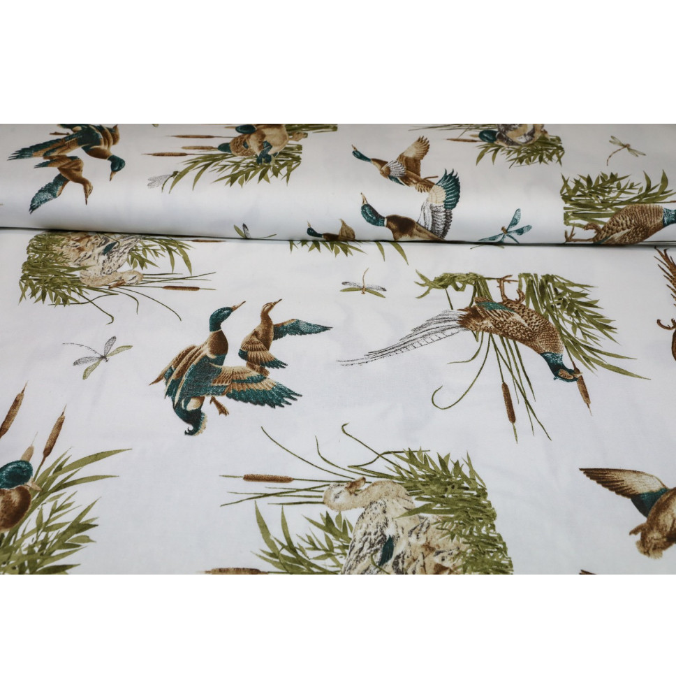 Fabric Cotton panama ducks and pheasants, h. 140 cm