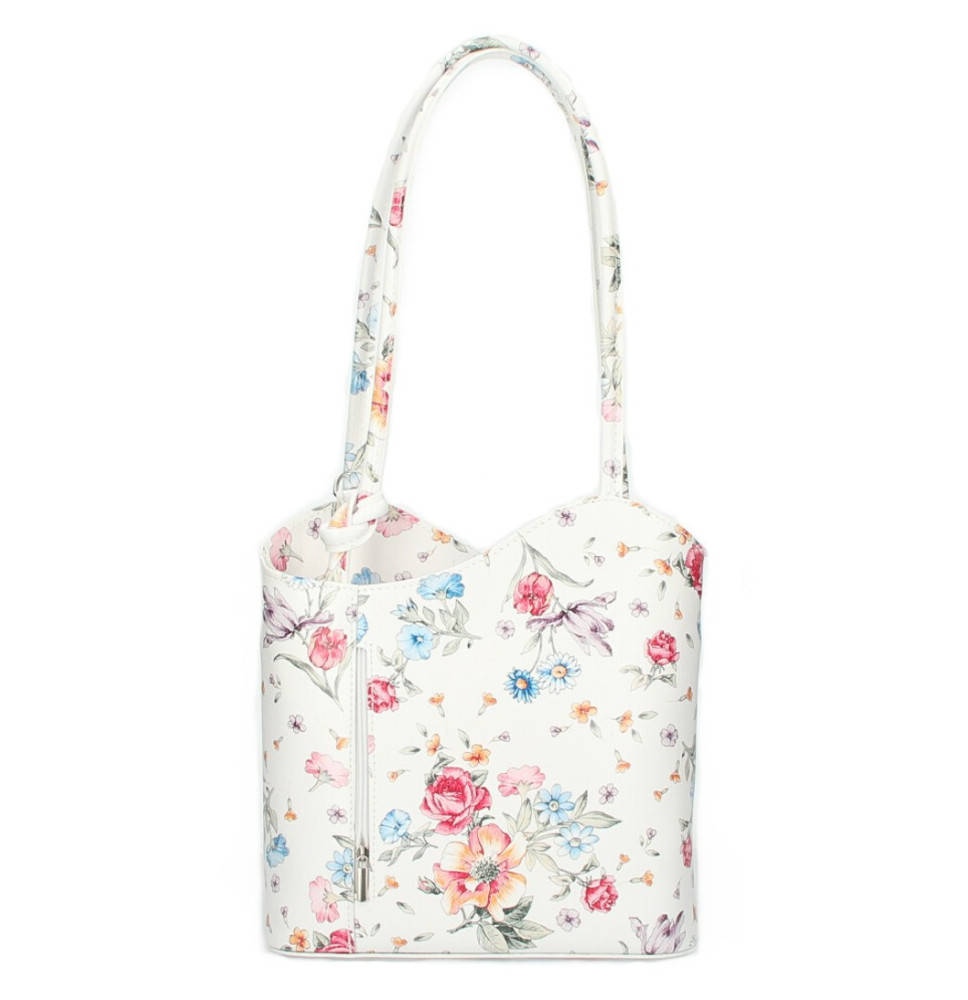 Kožená kabelka na rameno/batoh 1260 biela s kvetmi Made in Italy Biela