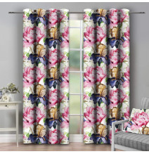 Tenda su anelli  140x250 cm bianco con fiori rosa