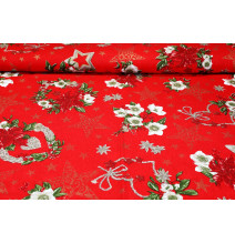 Dekorační látka bavlna Vánoční růže červená, š. 140 cm