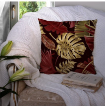 Obliečka na vankúš lístie monstery 40x40 cm zlaté listy na tmavohnedom podklade