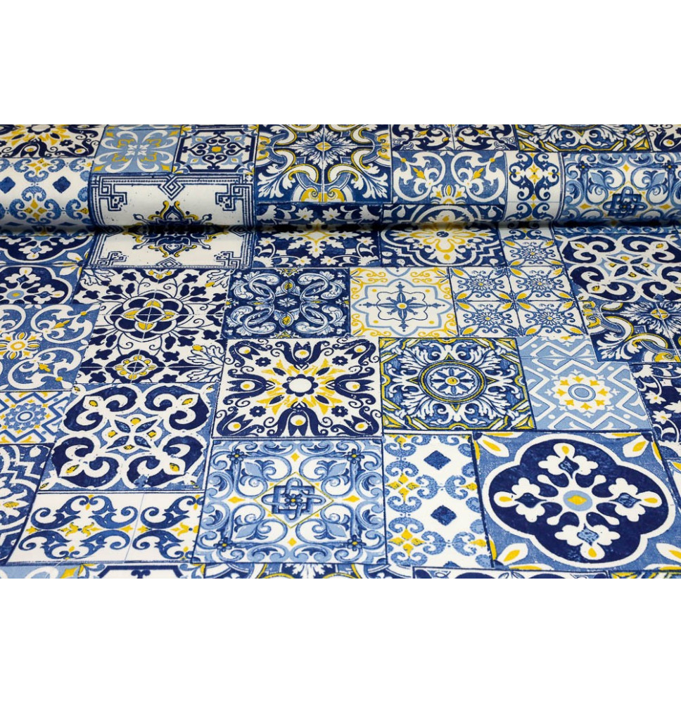 Fabric cotton blue tiles, h. 140 cm