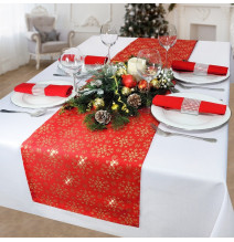 Vianočný behúň na stôl červený so zlatými snehovými vločkami Merry Christmas
