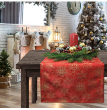 Vianočný behúň na stôl červený so zlatými vianočnými vločkami