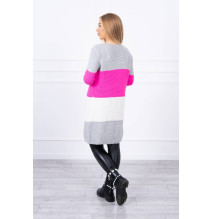 Ladies long sweater with wide stripes MI2019-12 gray+pink neon