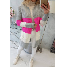 Ladies long sweater with wide stripes MI2019-12 gray+pink neon