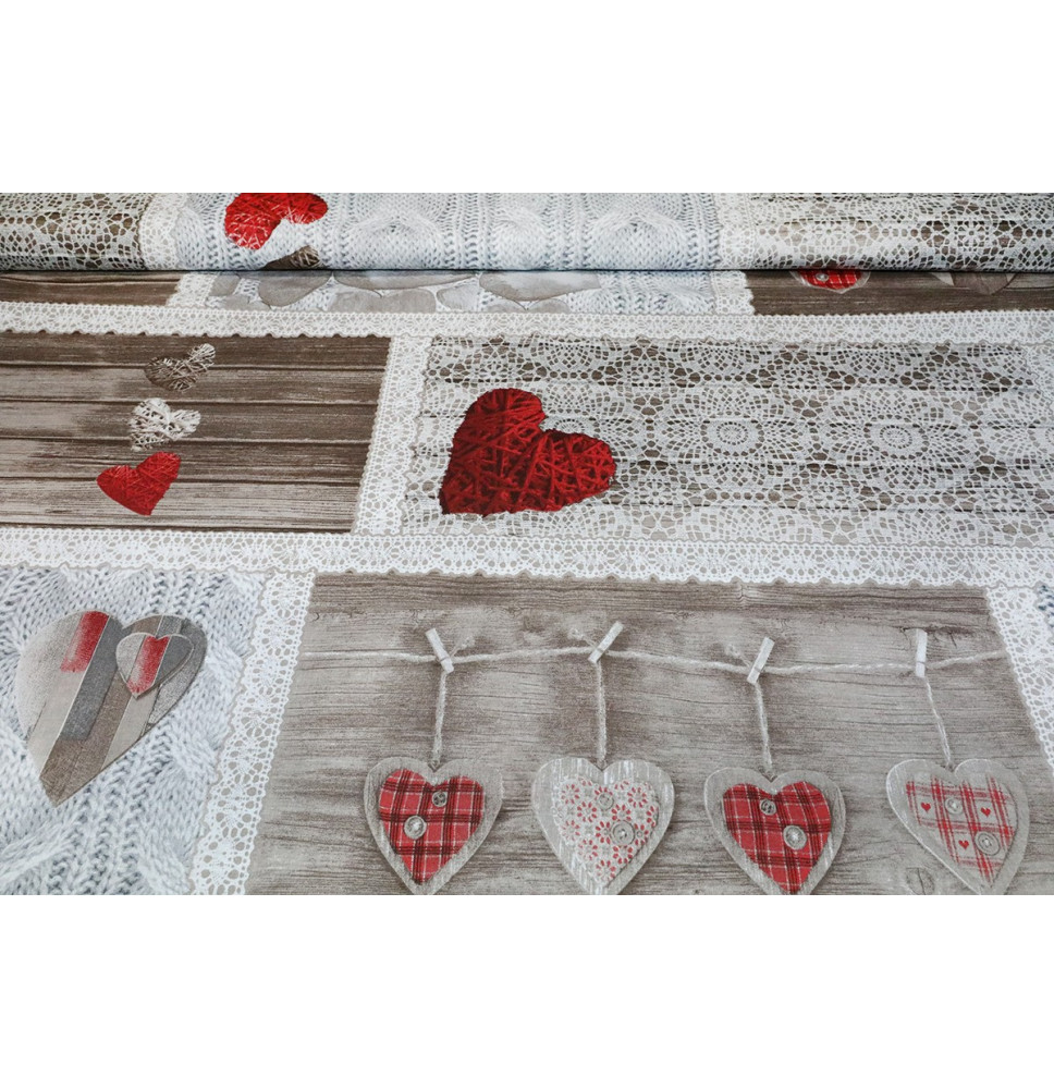 Cotton fabric Shabby love red hearts, h. 145 cm