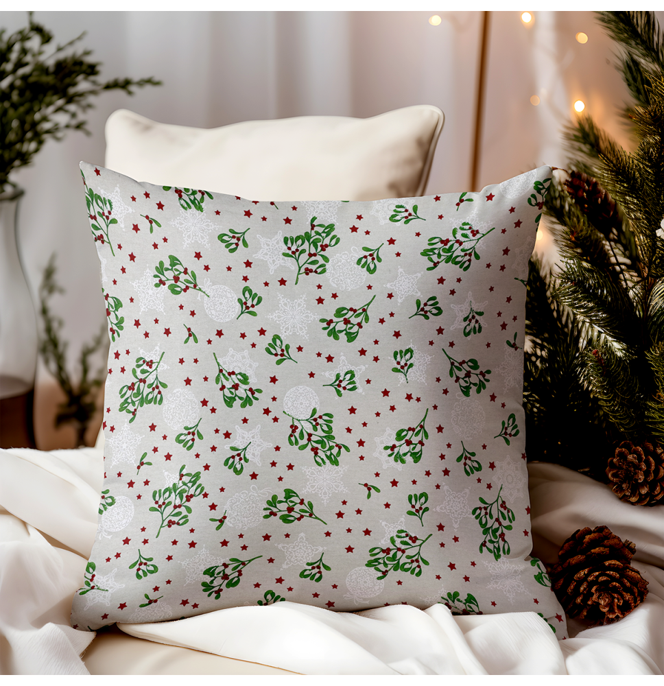 Christmas decorative pillowcase with soft stars and sprigs of holly