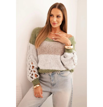 Dámsky pruhovaný sveter s vrkočmi khaki Made in Italy