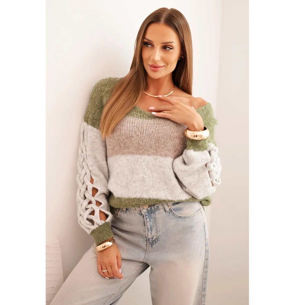 Dámsky pruhovaný sveter s vrkočmi khaki Made in Italy