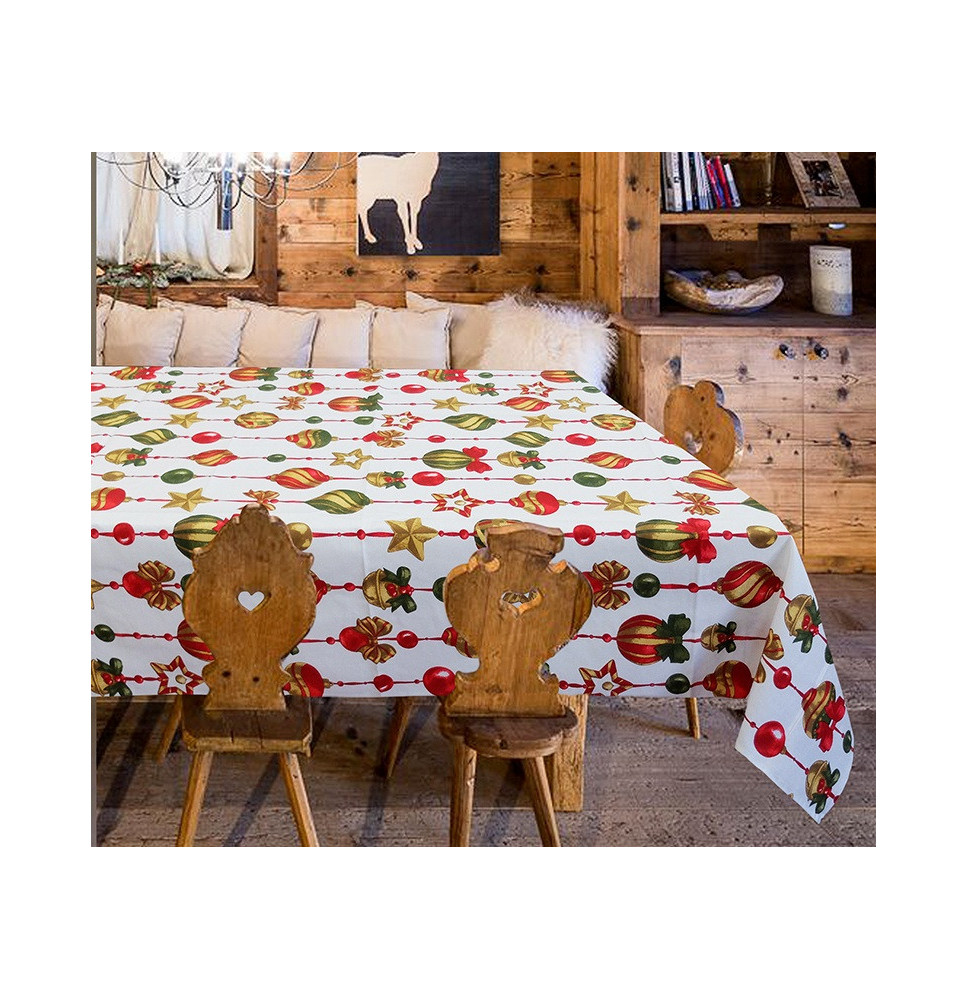 Vianočný bavlnený obrus s motívom vianočných ozdôb