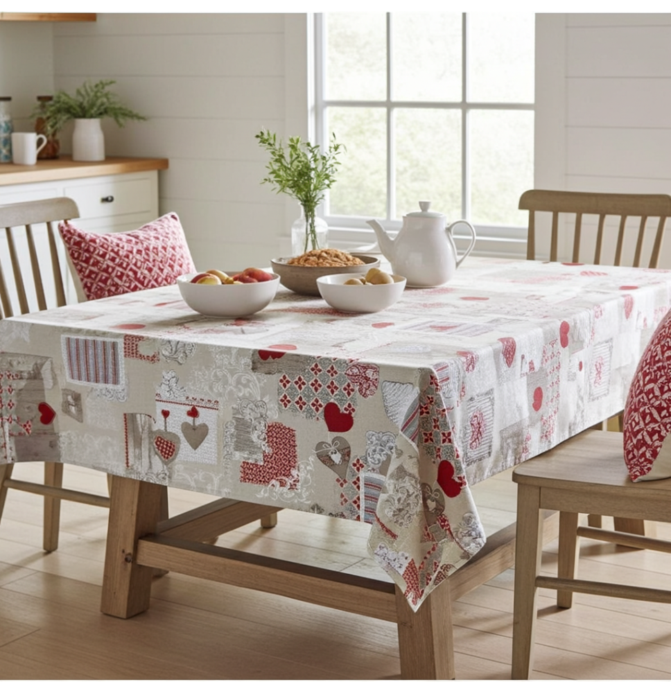 Patchwork-Tischdecke mit roten Herzen