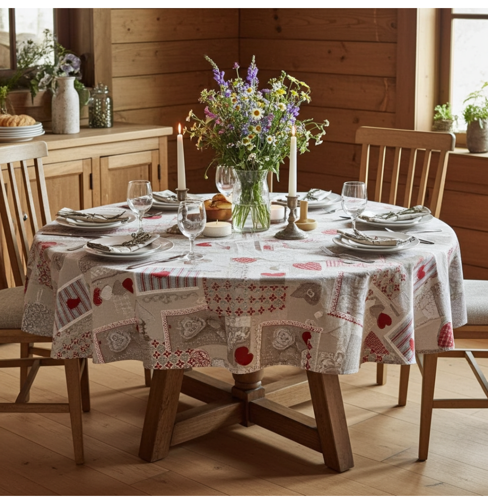 Kulatý ubrus patchwork červené srdíčka