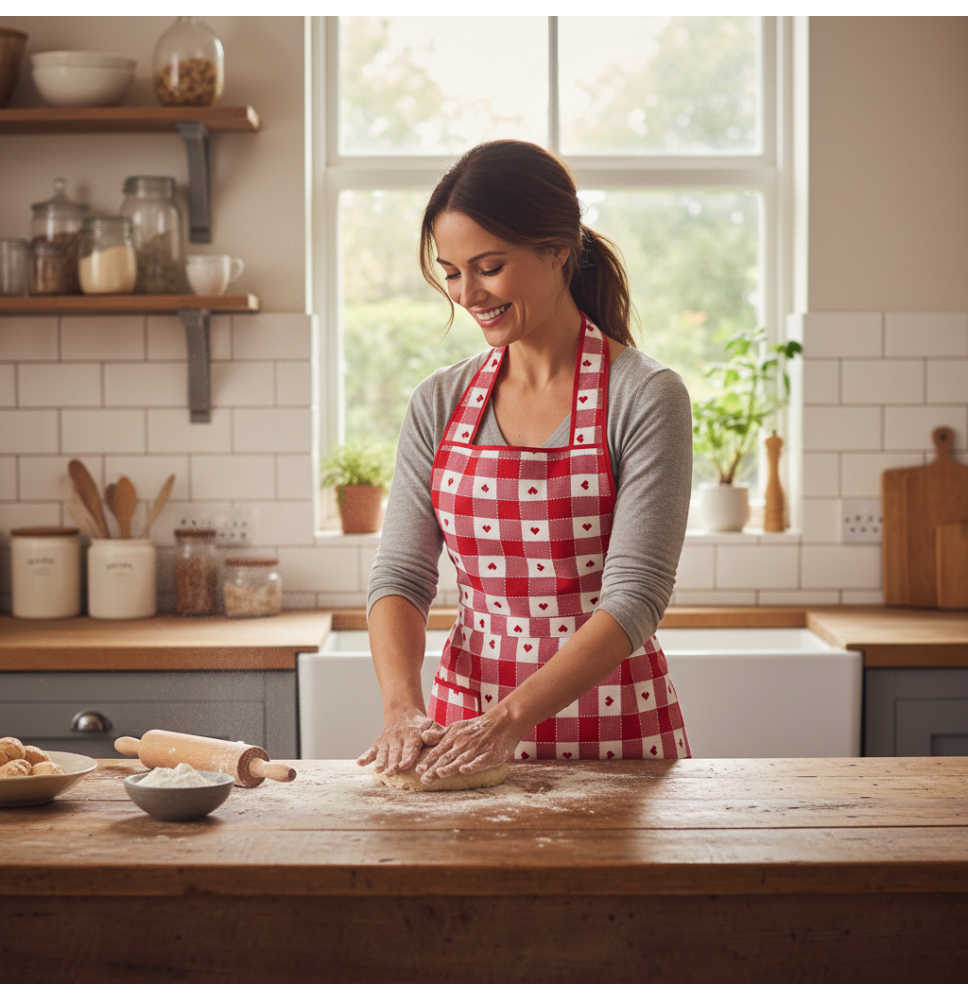 Bavlněná kuchyňská zástěra červená se srdíčky