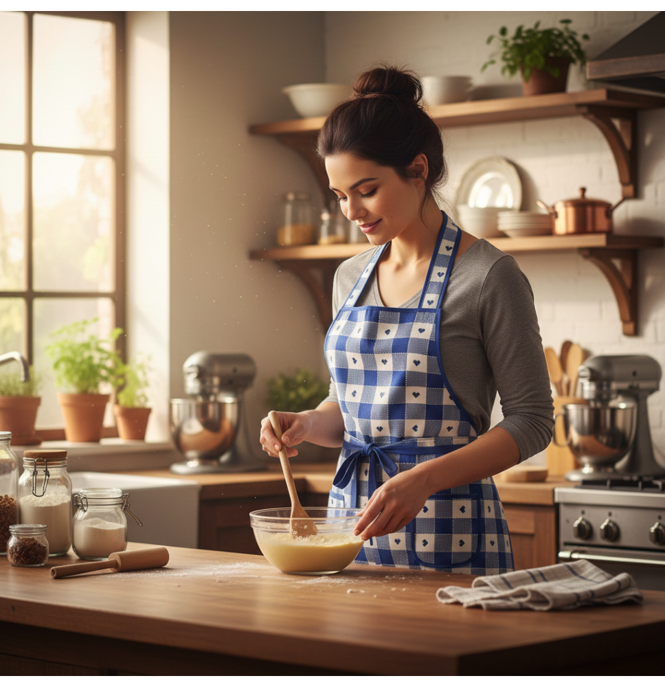 Bavlněná kuchyňská zástěra modrá se srdíčky