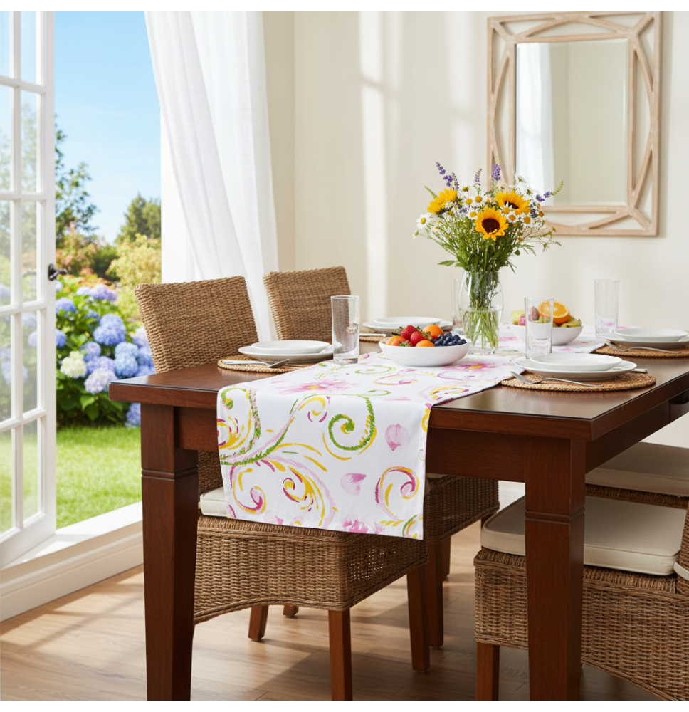 Tischläufer Blumen auf Weiß