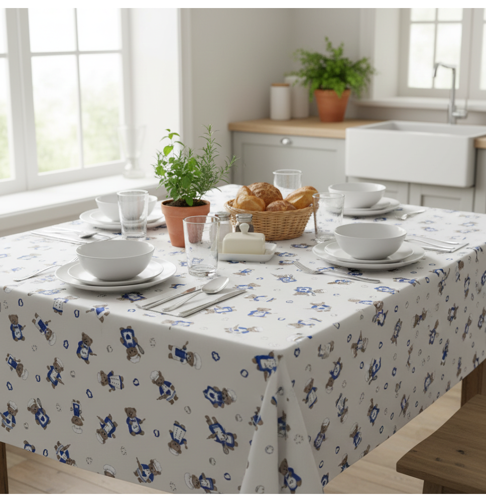 Cotton tablecloth Teddy bear chef in blue