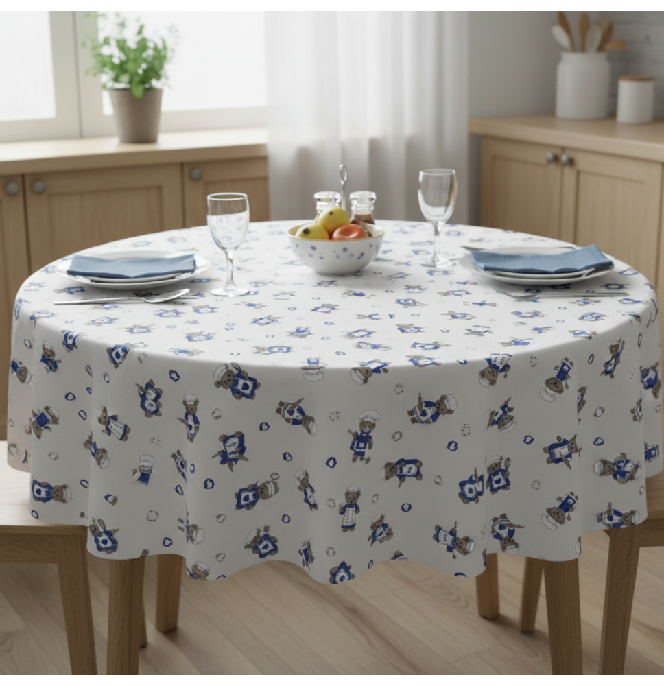 Round tablecloth Teddy bear chef in blue