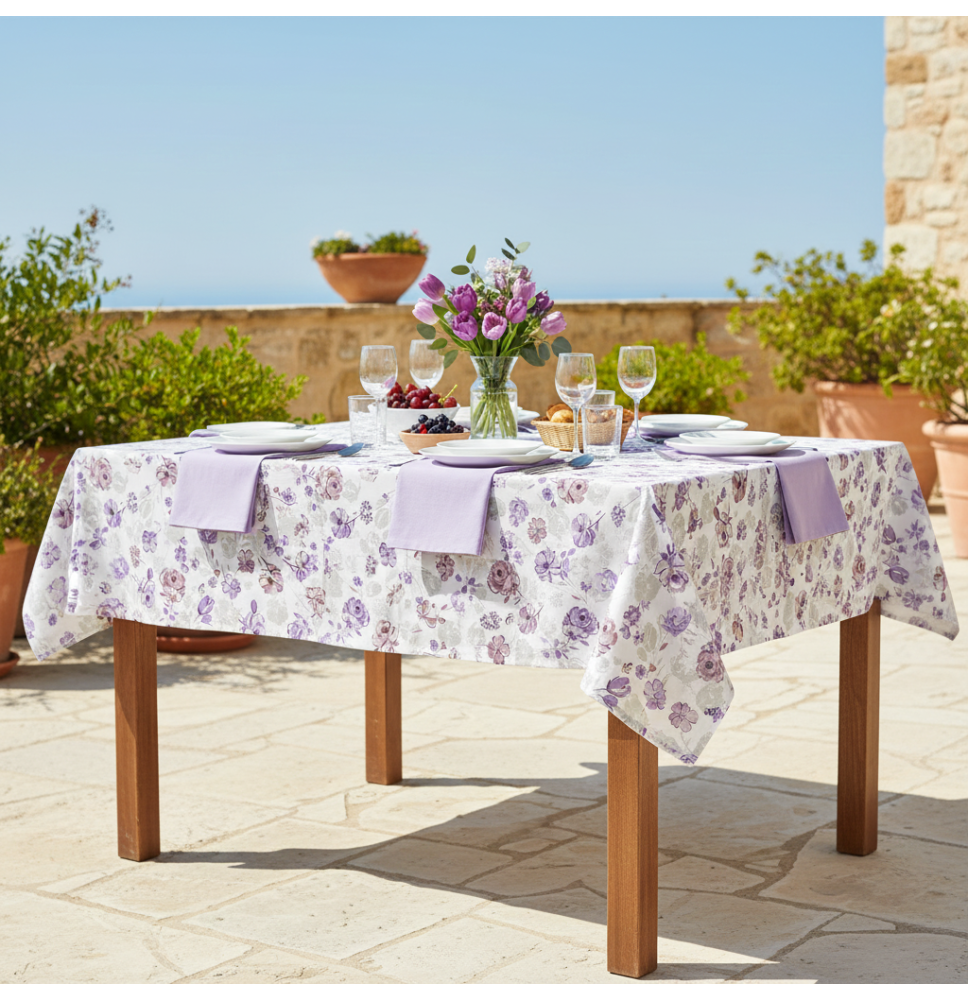 Tovaglia in cotone fiori viola 90x90 cm Made in Italy